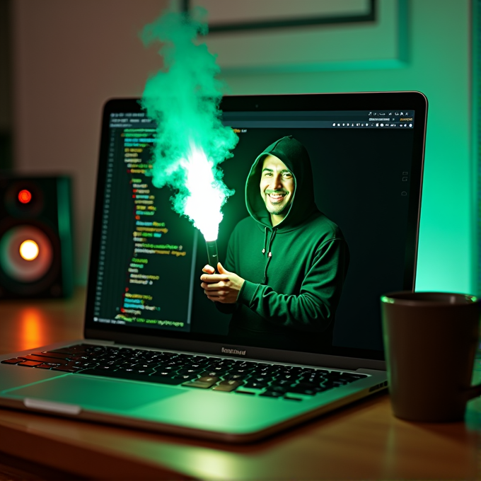 A person in a hoodie, on a laptop screen displaying code, holds a green flare emitting smoke, blending virtual with reality.