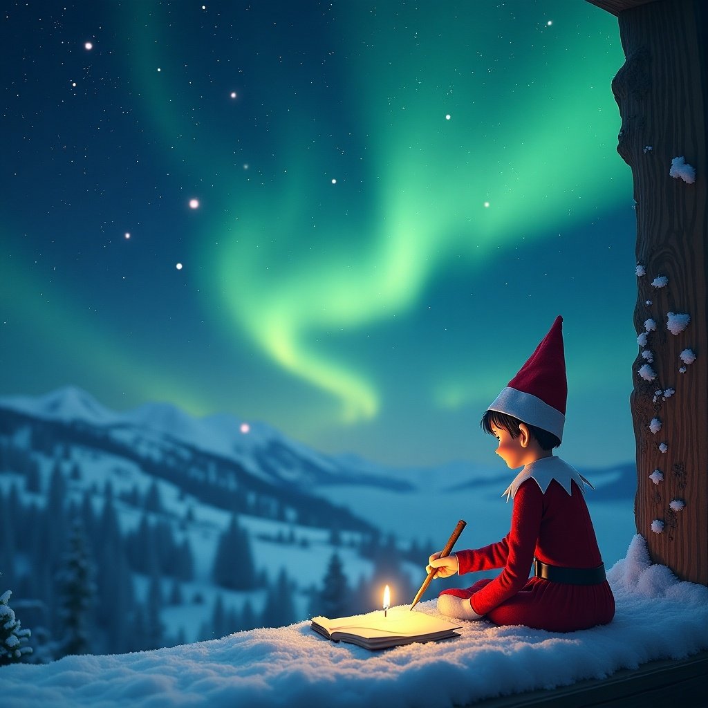 The image depicts an elf, dressed in traditional red and white, sitting on a snowy ledge while writing in a book. The background showcases a breathtaking view of mountains and the mesmerizing northern lights illuminating the night sky. The elf is positioned on the right side of the picture, creating a sense of whimsy and curiosity. Soft candlelight casts a warm glow, adding to the magical atmosphere. This scene embodies the spirit of Christmas and the enchanting traditions that come with it, inviting viewers to experience holiday magic.