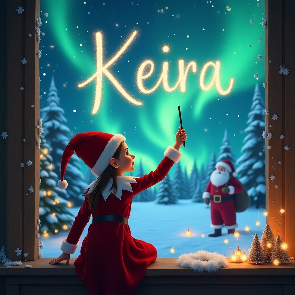 In a cozy room, a little girl dressed as an elf is facing the window, her back to us. She holds a wand and writes the name 'Keira' in bright shimmering light against a starry sky. Outside, the magical northern lights glow above a snowy landscape. In the distance, Santa Claus is visible, carrying a sack of gifts. The scene is filled with festive decorations including a miniature Christmas tree and soft snowflakes falling. This enchanting image captures the essence of Christmas wonder and joy, evoking a sense of childhood magic.