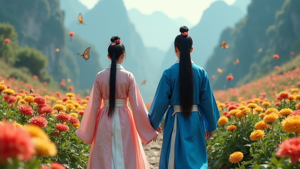 The image features a couple dressed in traditional Chinese clothing in a vibrant field filled with blooming flowers. The woman is dressed in a pastel pink robe, while the man wears a striking sky blue ensemble. They are holding hands and facing away from the camera, allowing us to see the beautiful landscape of rolling hills and colorful flowers in the background. Butterflies flit through the air, adding to the serene and romantic atmosphere. The lighting is soft, creating a dreamy effect that enhances the moment. This scene encapsulates the essence of romance and cultural beauty.