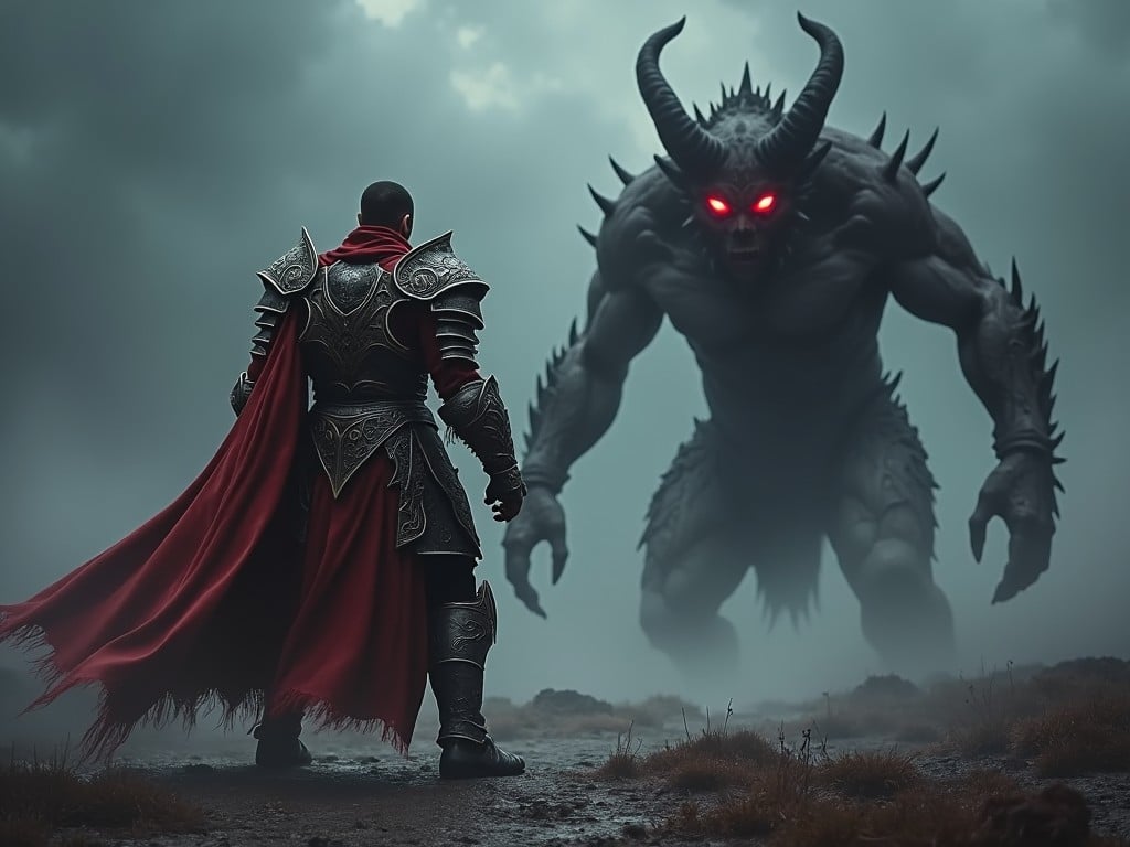 A dramatic scene unfolds as a warrior clad in ornate armor stands bravely against a towering demon. The warrior, draped in a flowing red cape, faces the massive creature with glowing red eyes and horrifying, twisted horns. Dark clouds loom overhead, enhancing the tension of the confrontation. The landscape is barren, shrouded in a mist that adds a sense of otherworldliness to the scene. This image captures the essence of a classic hero versus monster showdown in a dark fantasy setting.