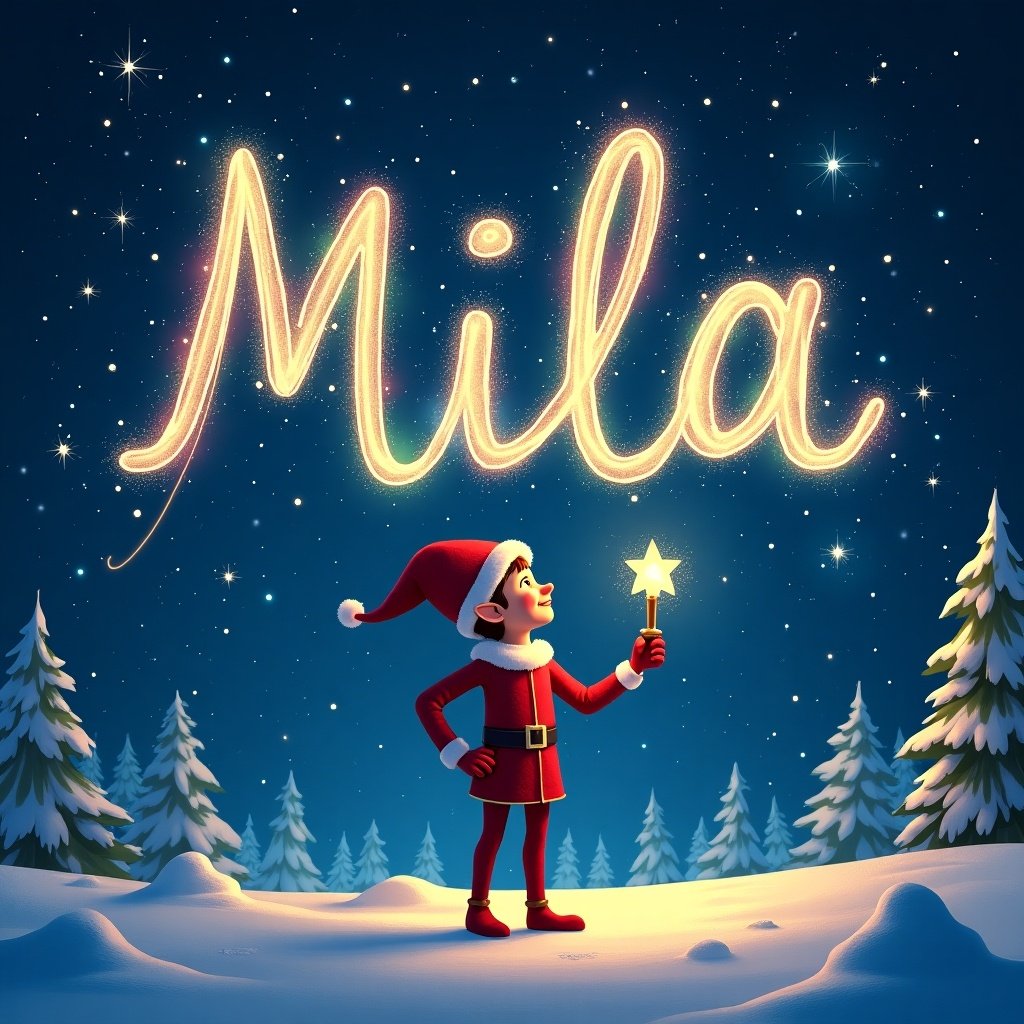 This image captures a magical Christmas scene featuring an adorable elf. The elf stands in the snow, looking up as he writes the name 'Mila' in the night sky with a glowing wand. Surrounding him are snow-covered trees and a starry backdrop, enhancing the enchanting atmosphere. The colors are vibrant, with a blend of blue, white, red, and gold to evoke festive feelings. The scene is designed to charm viewers of all ages, especially children, and to symbolize the joy of the holiday season.