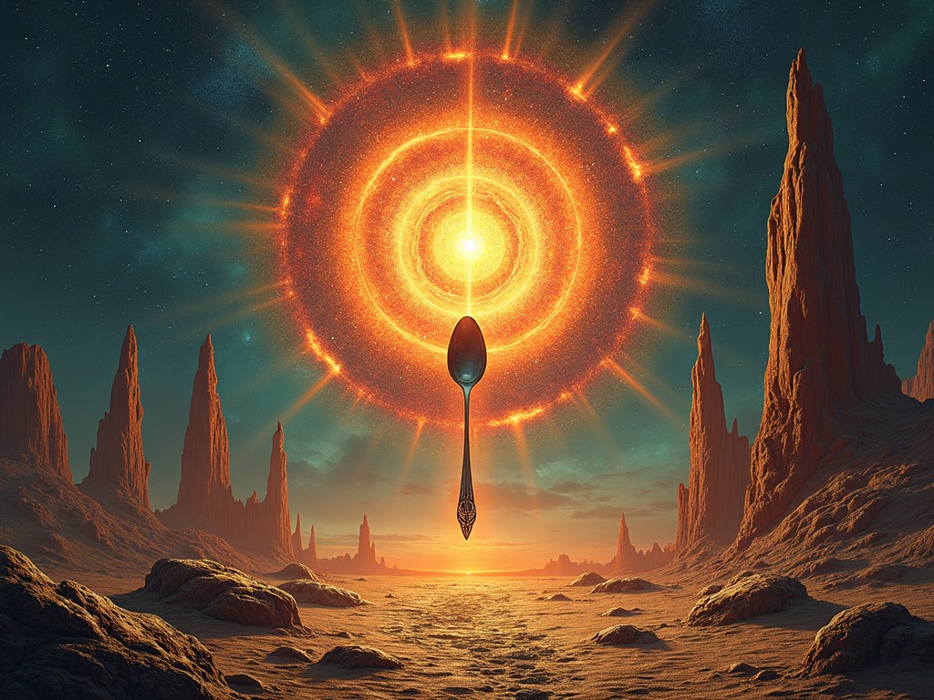 The image titled 'Electrospoon' is a surreal space rock album cover. It features a mysterious cult symbol, a spoon inside a bright Fibonacci spiral, surrounded by sun rays. Below, the scene is reminiscent of the Pillars of Creation as seen through the James Webb Space Telescope. It showcases towering rocky formations in a cosmic setting. The overall atmosphere evokes a sense of wonder and trepidation, perfect for a thrilling musical experience.