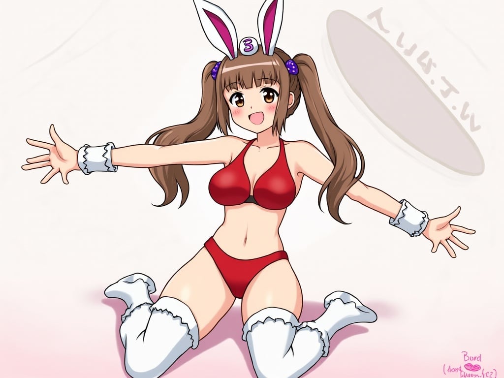 An anime-style character dressed in red with bunny ears and mitts, posing playfully.