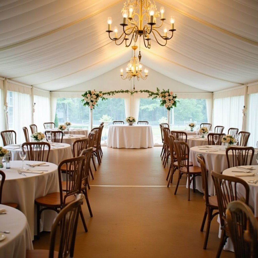 The image showcases an elegantly decorated wedding tent. Inside, neatly arranged round tables are covered with white tablecloths. Each table is adorned with simple yet sophisticated floral centerpieces. A beautiful chandelier provides warm lighting, enhancing the ambiance of the space. The setup suggests an inviting atmosphere ideal for a wedding reception, featuring spacious and well-lit areas. Wooden chairs add a touch of rustic charm to the overall decor. This scene creates a serene backdrop for a memorable celebration.