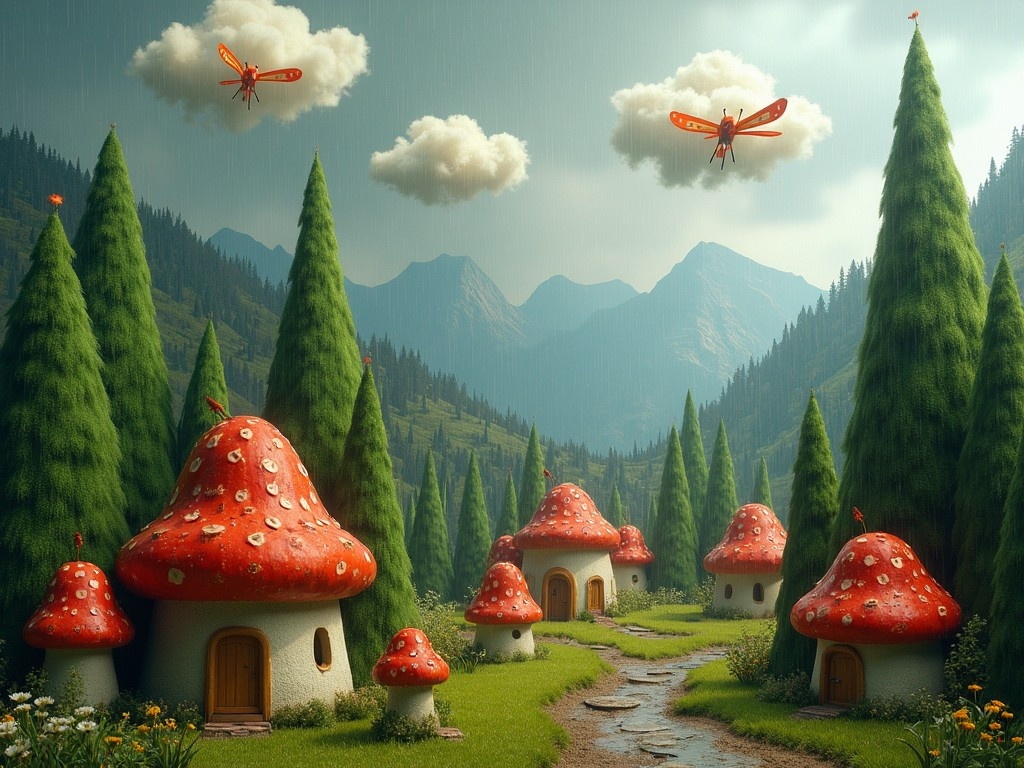 This image depicts a whimsical forest where the trees resemble beer bottles. The scene is set in the middle of the day, with an overcast sky. Rain is visible in the background among the mountains. In the foreground, there are charming houses shaped like toadstools. Above, dragonfly-shaped clouds float lazily in the sky, contributing to the magical atmosphere of the setting.