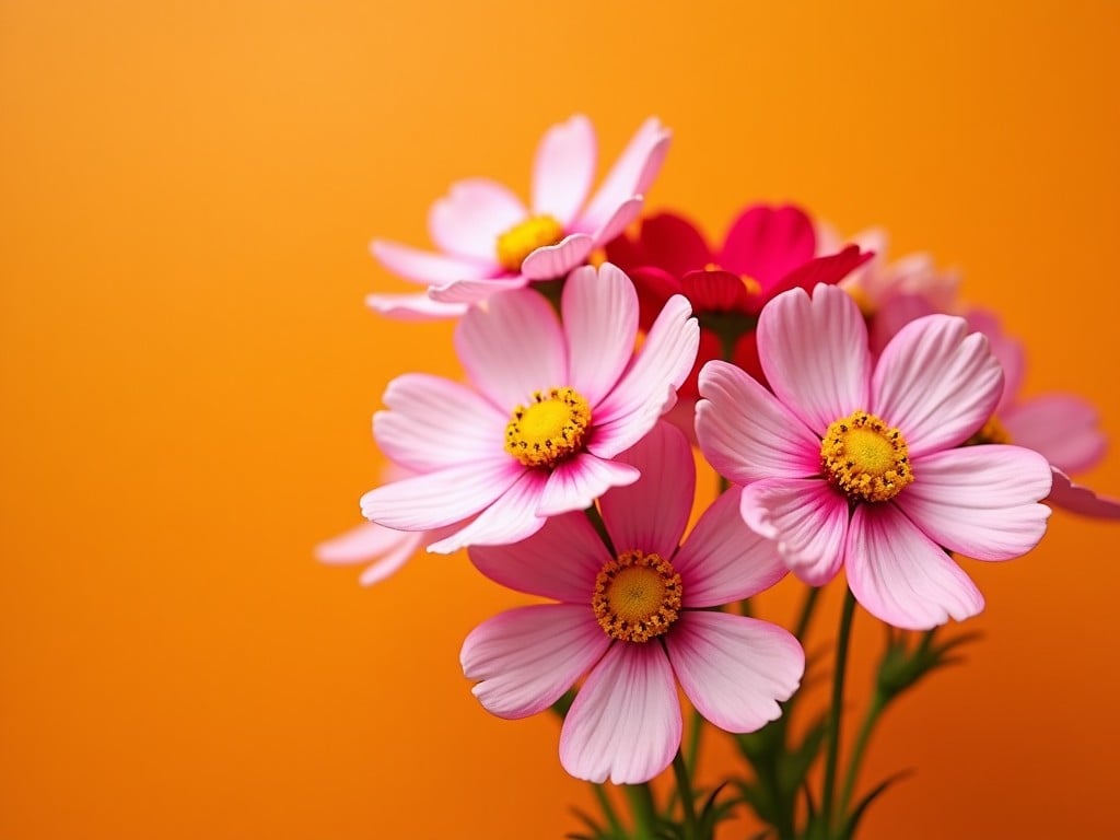 This image features a vibrant bouquet of flowers against a bright orange background. The flowers predominantly include pink daisies, each with a yellow center, showcasing their intricate details. Some flowers display shades of red, adding depth to the arrangement. The background is smooth and uniform, enhancing the visual impact of the bouquet. The overall aesthetic is cheerful and fresh, perfect for conveying a sense of joy and nature's beauty.