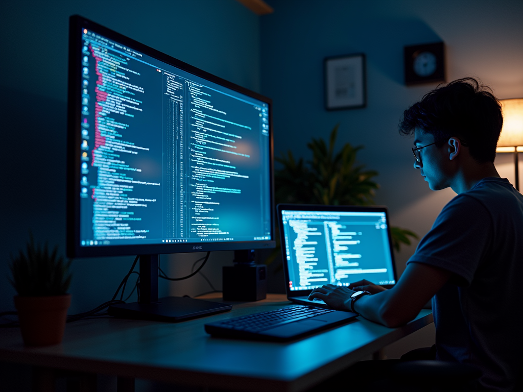 A person works on two glowing computer screens in a dimly lit room.