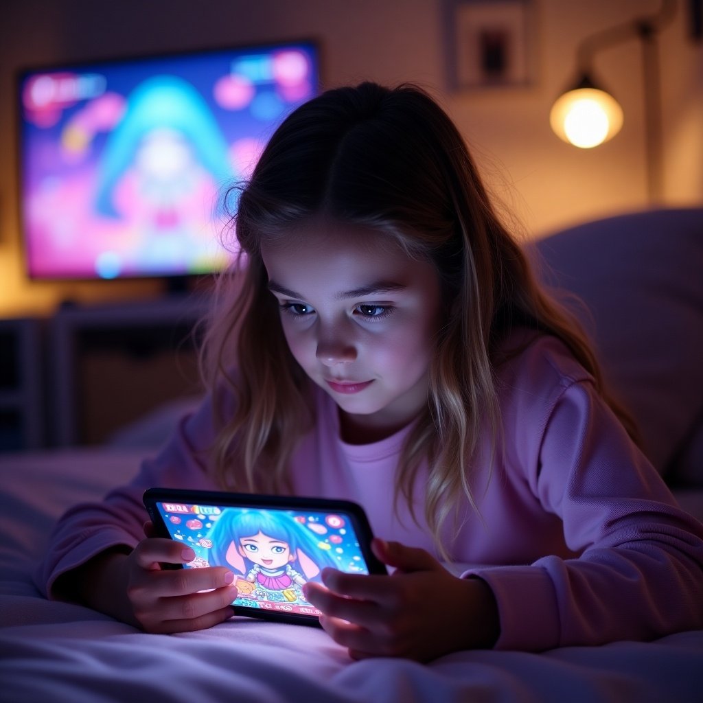 A young girl is sitting on her bed in a cozy room, playing a mobile game called Mystic Messenger. The room is softly lit, creating a warm atmosphere. Her face is illuminated by the glow of the phone screen as she concentrates on the game. In the background, there's a television that adds to the overall ambiance. She looks engaged and focused, immersed in her gaming experience.