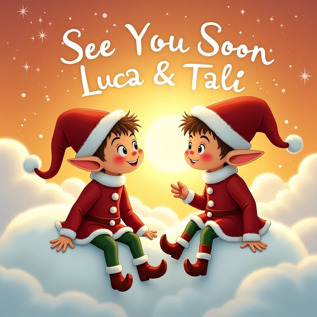 This illustration depicts two cheerful elves seated on fluffy white clouds, engrossed in a friendly conversation. The background features a vibrant sunset, casting a warm glow over the scene. At the top, the text 'See You Soon Luca & Tali' is playfully written in the sky. The elves are dressed in traditional red and green outfits, enhancing the festive feel. This enchanting artwork captures the spirit of holiday cheer and friendship.