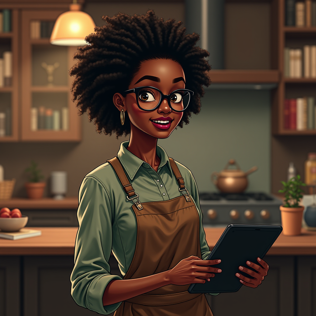 A smiling person in a kitchen holding a tablet, ready for cooking inspiration.