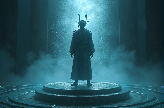 A cloaked figure stands on a glowing platform surrounded by mist, with sparks of light emanating from above.