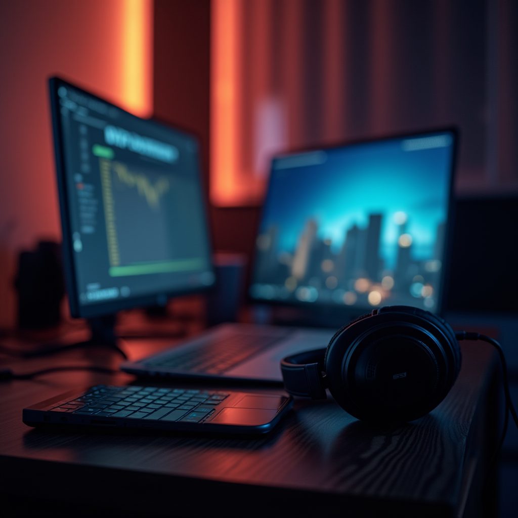 A dimly lit dual monitor setup displaying financial charts, with headphones on a wooden desk.