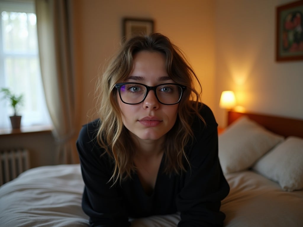 Capturing a moment of tranquility, this image features a woman with glasses resting on her stomach on a bed in a softly lit bedroom. The ambient light from a nearby lamp casts a warm glow, complementing the daylight entering through the window. The decor is simple, with a potted plant and framed pictures adding a homely touch to the scene.