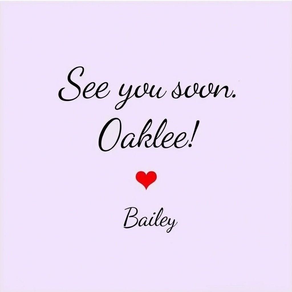 The image features a light pink background with a heartfelt message. It reads 'See you soon. Oaklee!' in stylish font, emphasizing the name with a friendly and affectionate tone. Below this, there's a small heart symbol, indicating warmth and care. The signature 'Bailey' is written in a cursive style, adding a personal touch. This design is perfect for sending love and good wishes to a friend or loved one.