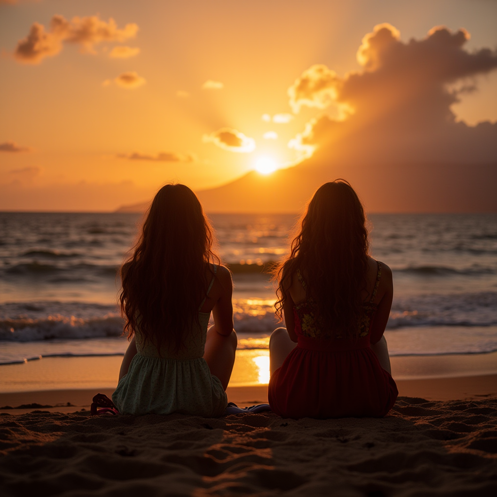 Two women sit on a sandy beach, watching a vibrant sunset over the ocean, with clouds gently illuminated by the sun's rays.