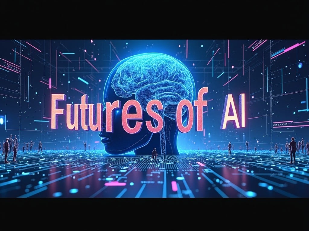 Create a visually striking thumbnail for a YouTube video titled 'The Futures of AI.' The design prominently features a futuristic brain silhouette, representing advanced AI concepts. The text 'The Futures of AI' is displayed in a large, bold, and eye-catching font. The color scheme incorporates vibrant blues and purples, adding metallic accents to enhance the technological feel. Background elements include circuit patterns and holographic visuals to suggest depth and complexity. The overall look should be modern, sleek, and designed to attract viewers' attention.