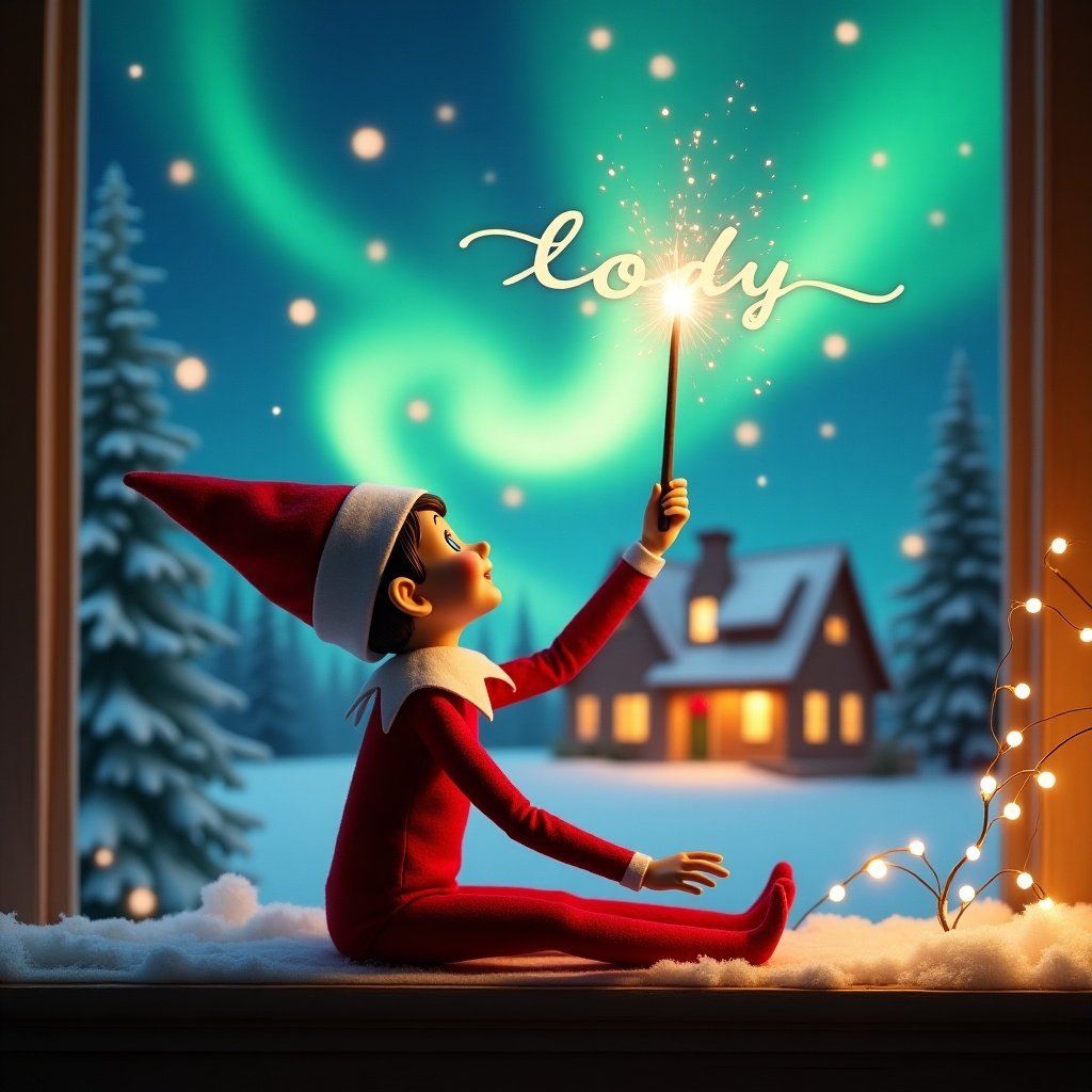 The image captures an enchanting Christmas scene with an elf on the shelf. The elf is seated with its back to the viewer, looking up in wonder. In its hand, it holds a glowing wand that sparkles in the night. The background features colorful northern lights swirling across the sky, adding an ethereal touch. A cozy house, beautifully decorated for the holidays, is visible in the distance, surrounded by freshly fallen snow. This playful and magical scene embodies the wonder of Christmas.