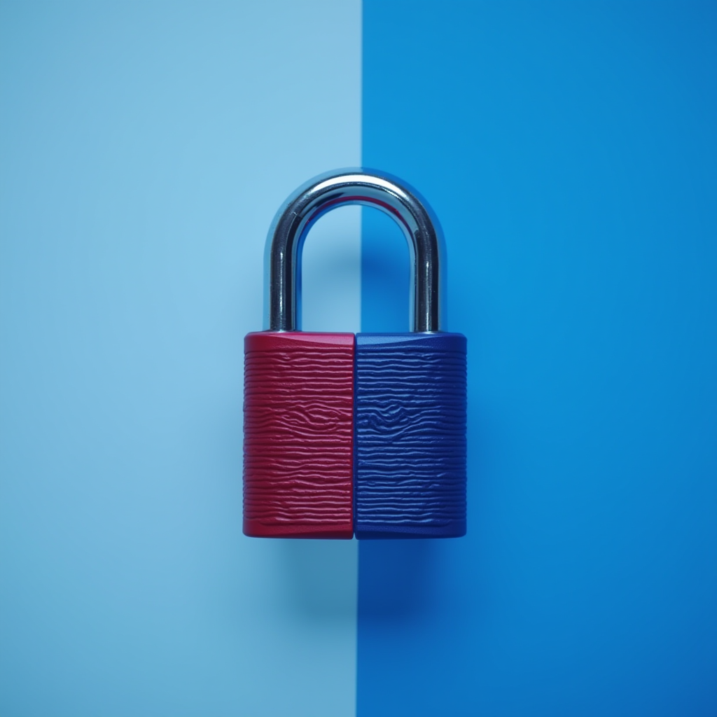 A padlock with red and blue handles against a matching two-toned background.