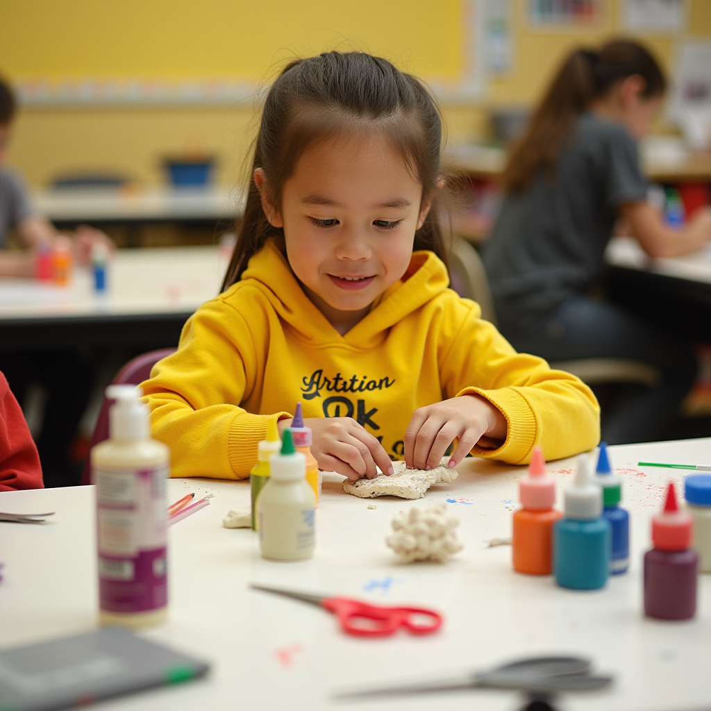 A child is happily engaged in a craft project using colorful supplies at a table.