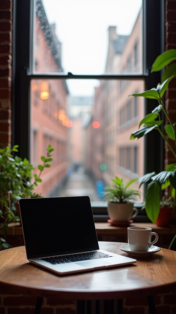 A laptop and a cup of coffee sit on a wooden table in front of a window overlooking a city alley, surrounded by potted plants.