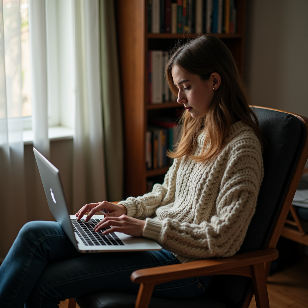 A woman in a cozy sweater works intently on a laptop in a sunlit room with a bookshelf in the background.