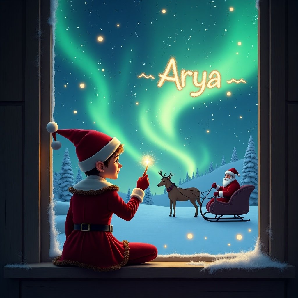 The image features an elf sitting on a window ledge with his back to the viewer. He gazes in awe at the colorful northern lights that illuminate the night sky. The background is adorned with sparkling stars and a winter landscape, creating a magical ambiance. Santa Claus, seen in his sleigh, adds to the festive spirit. The elf is dressed in a classic red outfit with a pointed hat, emphasizing the holiday theme. Using a wand, the elf writes the names 'Arya' in shimmering letters, enhancing the enchanting atmosphere.