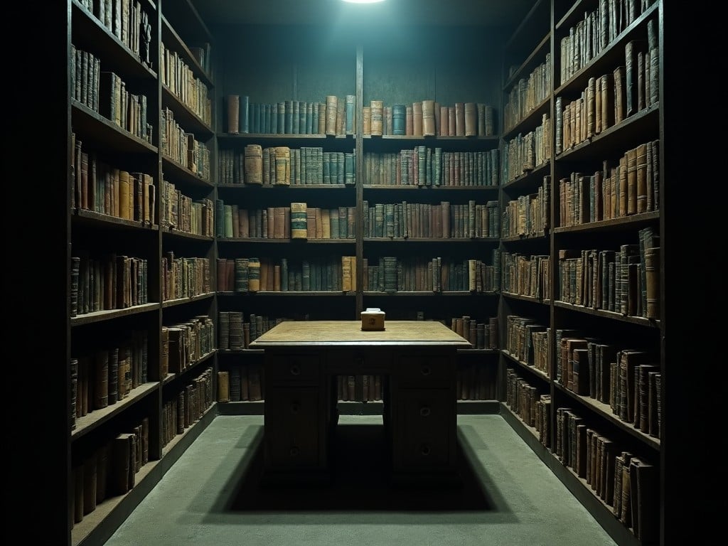 A dimly lit archive room features walls lined with tall bookshelves filled with numerous vintage books. A central wooden desk sits in the middle of the room, illuminated by overhead lighting. The atmosphere evokes a sense of mystery and calm, ideal for studying or reflection. Shadows play across the room, enhancing the cozy yet slightly eerie charm. The overall color palette is rich with browns and dark greens, creating an inviting yet secluded ambiance.