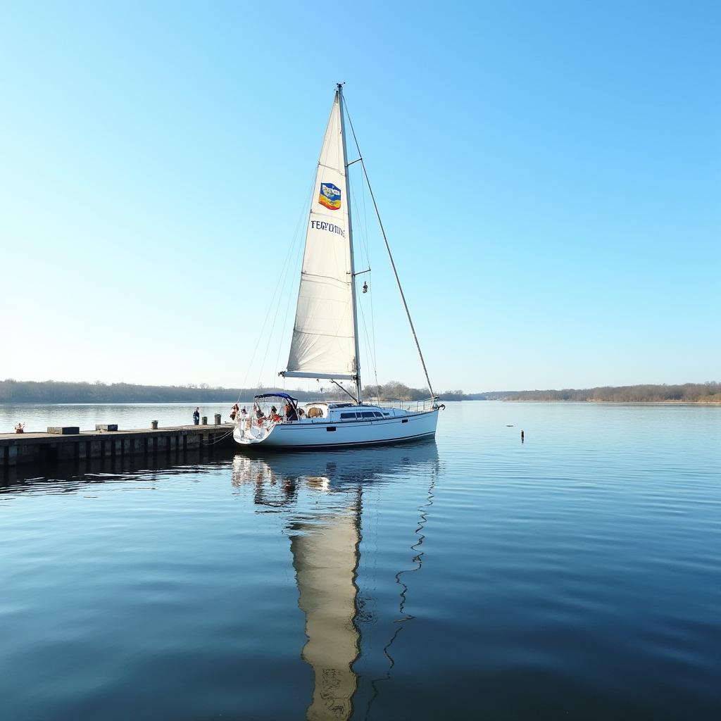 A sailboat calmly glides through clear, reflective waters with a blue sky overhead.