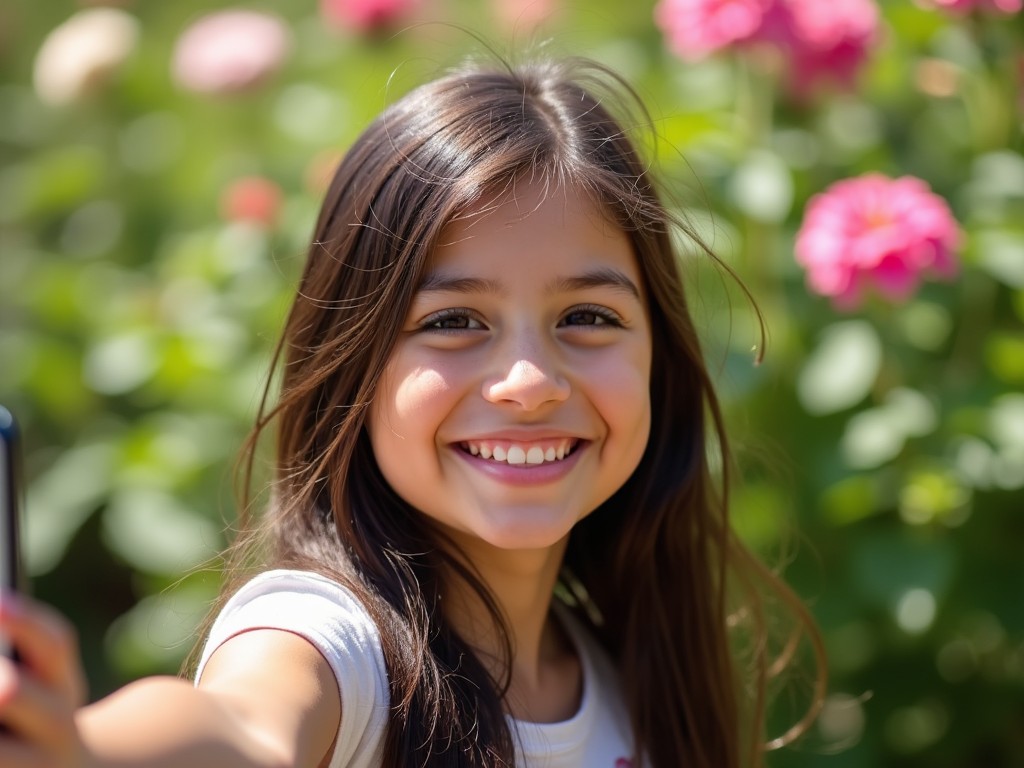 This image depicts a joyful young girl taking a selfie outdoors. She has long, dark hair and a bright smile full of happiness. The background is vibrant with blooming flowers and greenery. Her cheerful expression reflects warmth and positivity. This scene showcases the essence of youth and a connection with nature.