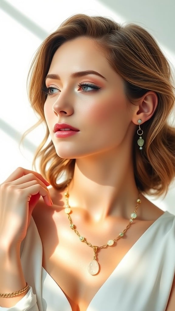 A portrait of a woman looking contemplatively to the side, adorned with elegant jewelry.