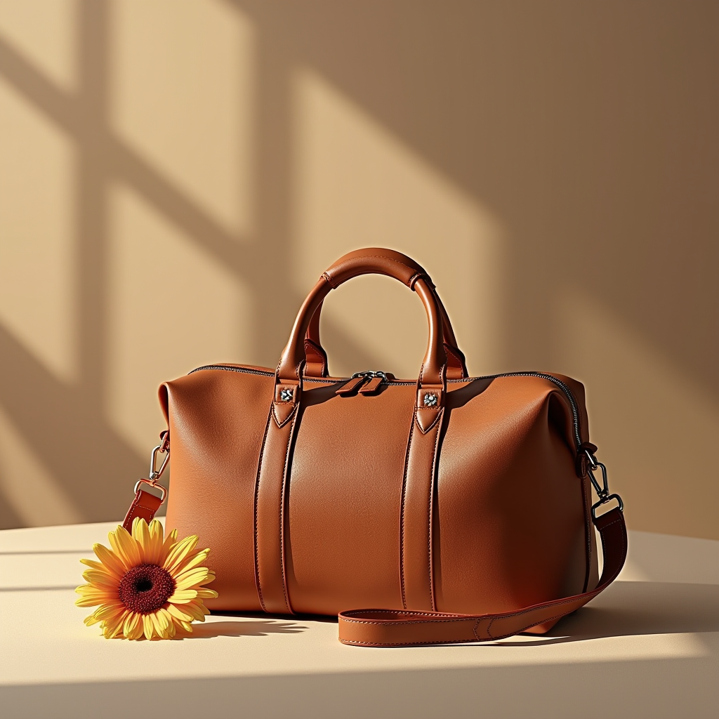 A brown leather handbag is placed artistically with a yellow sunflower next to it.