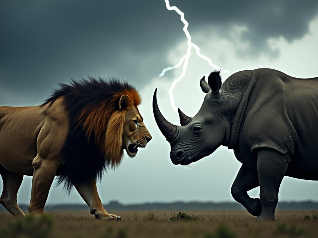 Create an intense scene featuring a lion and a rhinoceros positioned face to face, both exhibiting fierce expressions. The lion should showcase its powerful, muscular build with a flowing mane, while the rhinoceros displays its formidable horn and sturdy frame. The atmosphere should be dramatic, with a stormy background filled with dark clouds and flashes of lightning that enhance the confrontation's intensity. The emotions should be palpable as they prepare to assert dominance over one another. Additionally, depict a second image that combines the distinctive features of both a lion and a rhinoceros into a monstrous hybrid. This creature should embody a fearsome appearance, merging the lion’s majestic mane with the rhinoceros's robust body and horn. The hybrid should be positioned against a similarly stormy background to match its fierce expression, amplifying the overall terrifying vibe of the scene.