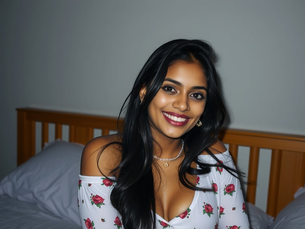 A woman with long black hair and a floral top smiling warmly at the camera.