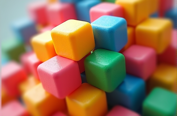 A pile of small, vibrant cubes in various colors is closely stacked together.