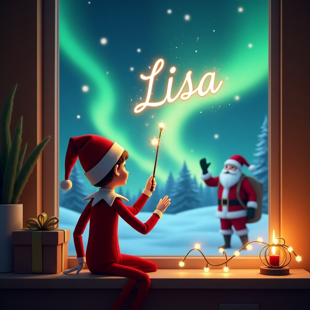 In a cozy, warmly lit room, an elf on the shelf is seen from behind, wearing a classic red outfit with a festive hat. The elf faces a window, holding a magic wand, elegantly writing the name 'Lisa' in sparkling light against the night sky. Beyond the window, the breathtaking northern lights illuminate the snowy landscape. Santa Claus is visible in the background, adding to the magical scene. This enchanting image captures the essence of Christmas joy and wonder, perfect for a holiday-themed illustration.