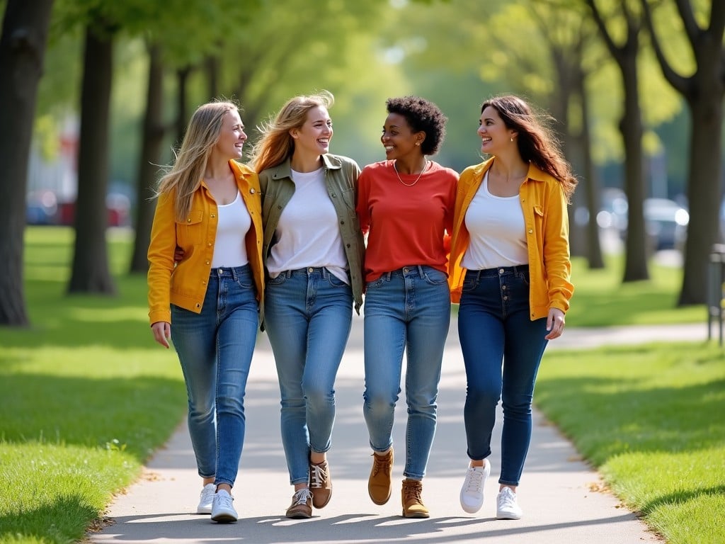 The image shows four young women walking side by side on a pathway. They are smiling and enjoying each other's company, suggesting a sense of friendship and connection. Their outfits are casual and colorful, ideal for a sunny day in a park. The background features lush green trees and a well-maintained pathway, enhancing the peaceful atmosphere. This scene evokes feelings of happiness and camaraderie as they enjoy their time together.