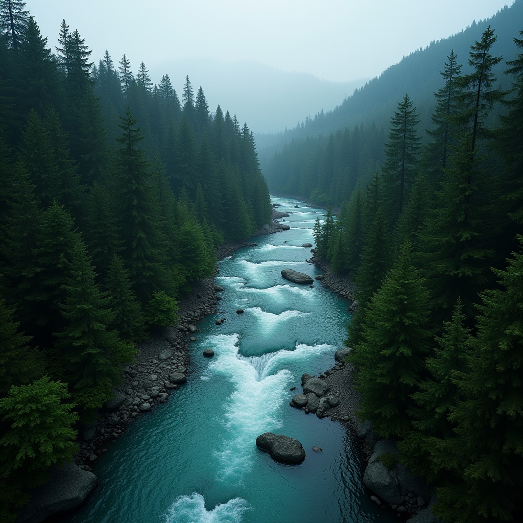 The image depicts a serene, winding river cutting through a lush pine forest. The water is a vibrant blue-green, adding a striking contrast to the dark greens of the trees. The river flows gently over rocks and small cascades, creating a sense of movement. Tall evergreen trees line both sides, creating a lush canopy that stretches into the hazy distance. The background features fog-covered rolling hills, contributing to a tranquil, misty atmosphere. The overall scene is a picturesque representation of untouched natural beauty.