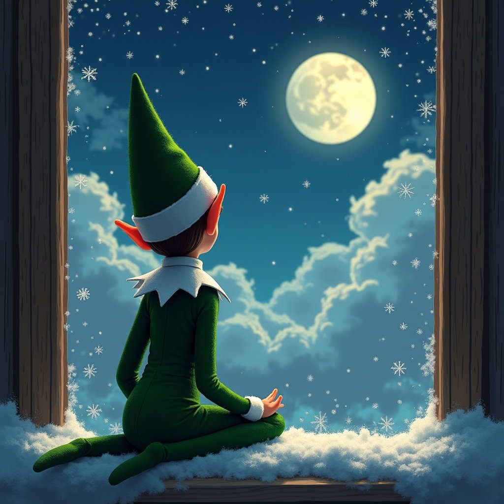 An elf on the shelf is sitting by a window, gazing up into a magical night sky filled with stars and a glowing moon. The elf is depicted from the back, wearing a classic green attire with a pointed hat. Outside, fluffy clouds and twinkling stars create a whimsical atmosphere. The snow surrounds the elf, adding to the holiday charm. This enchanting scene captures the magic of the season, evoking feelings of wonder and joy as the elf admires the beauty of the night.