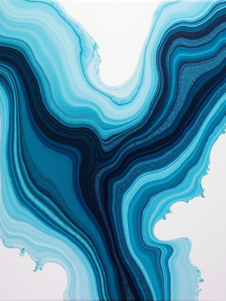 Abstract waves of blue layers flow elegantly across a white background, creating a dynamic and fluid pattern.