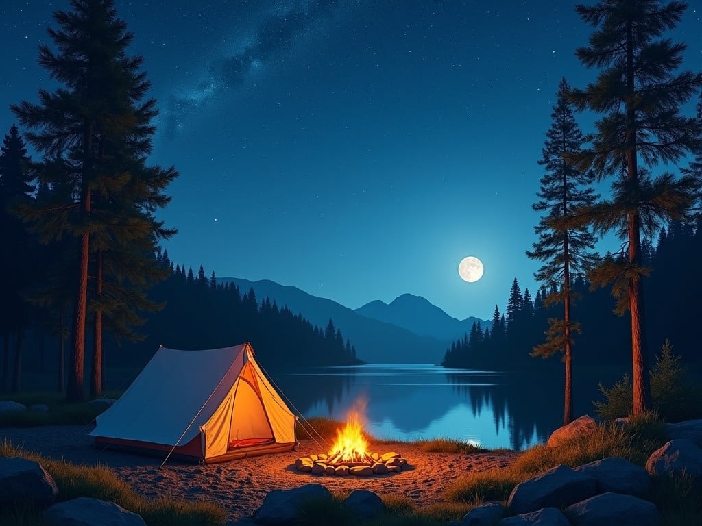 A serene camping scene by a lake at night with a glowing campfire, a tent illuminated from within, and a full moon reflecting on the water.