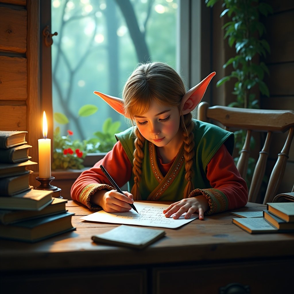 In a cozy wooden cabin, a young elf girl is intently writing on a piece of parchment. The room is softly lit by a flickering candle, casting a warm glow. Shelves filled with books surround her, hinting at a world of knowledge. Her distinctive elf features, including pointed ears, are highlighted as she concentrates on her writing. The atmosphere is serene and enchanted, perfect for inspiring creativity.