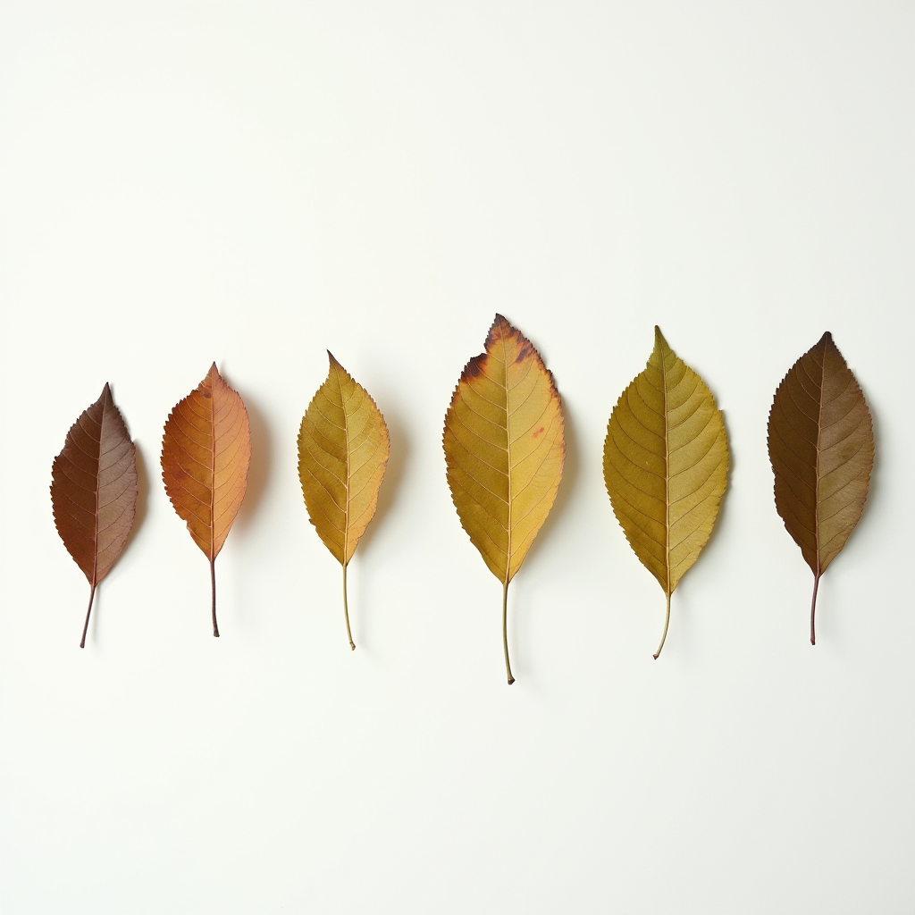 A lineup of six leaves arranged by color from brown to greenish on a white background.