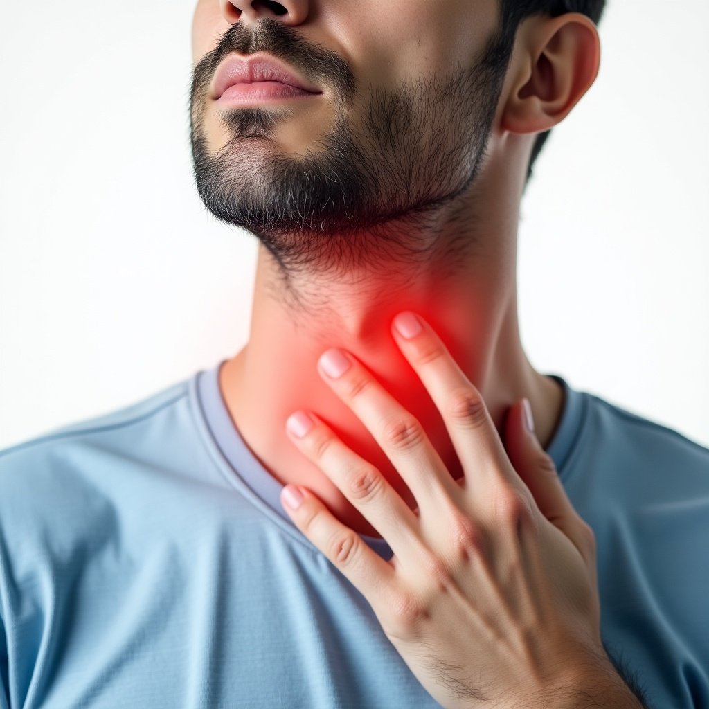 This image features a close-up view of a man's throat. He is gently touching his neck with one hand. The area of his throat is highlighted with a red glow, indicating pain or discomfort. The man is wearing a light blue t-shirt against a simple white background. The lighting is realistic and natural, providing a clear view of the subject.