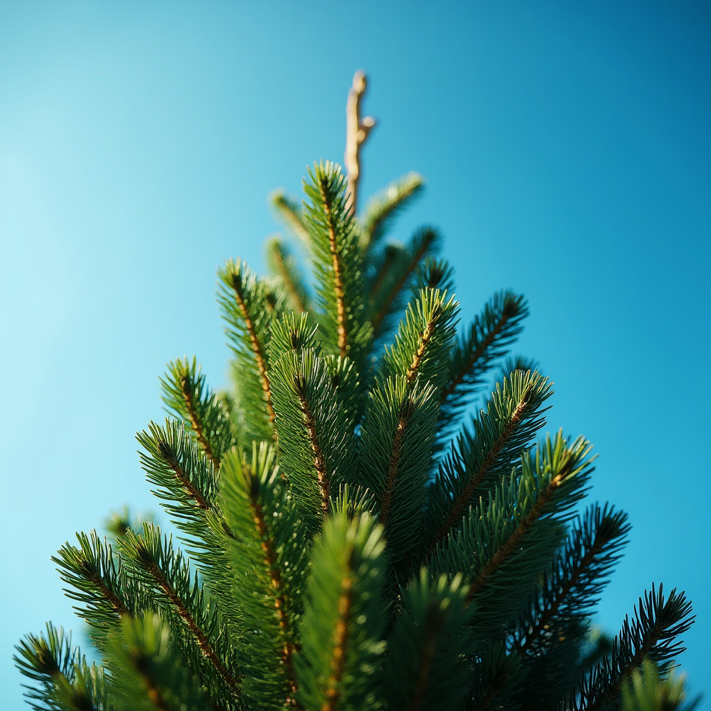 A close-up view of a lush evergreen tree under a clear blue sky.