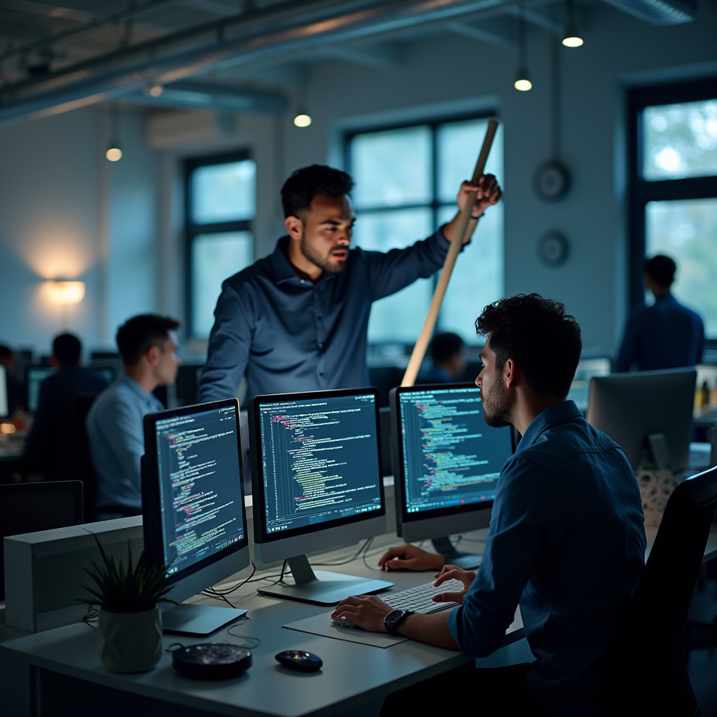 Two software developers work intently in a dimly lit open-plan office, surrounded by multiple computer monitors displaying lines of code.