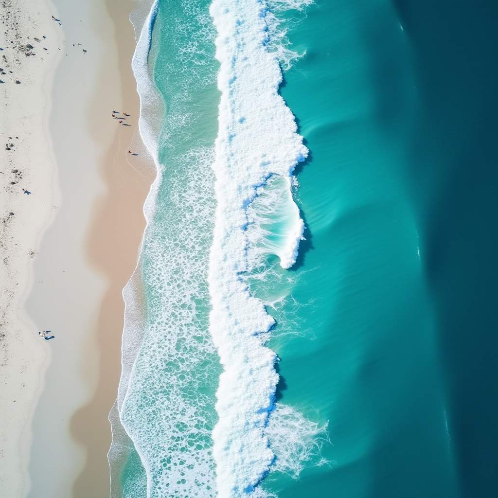 An aerial view of turquoise waves rolling onto a sandy beach.