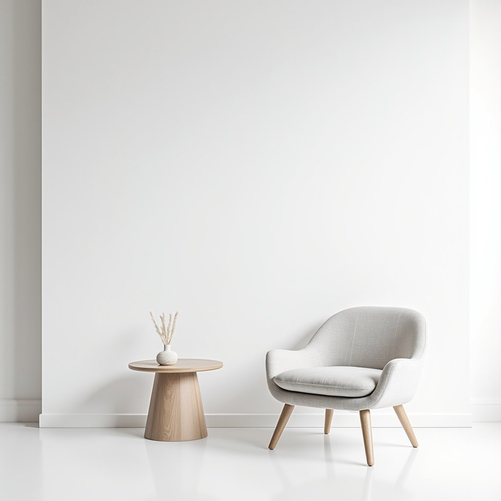 a minimalist interior design scene with a light gray armchair and a small wooden table against a white wall