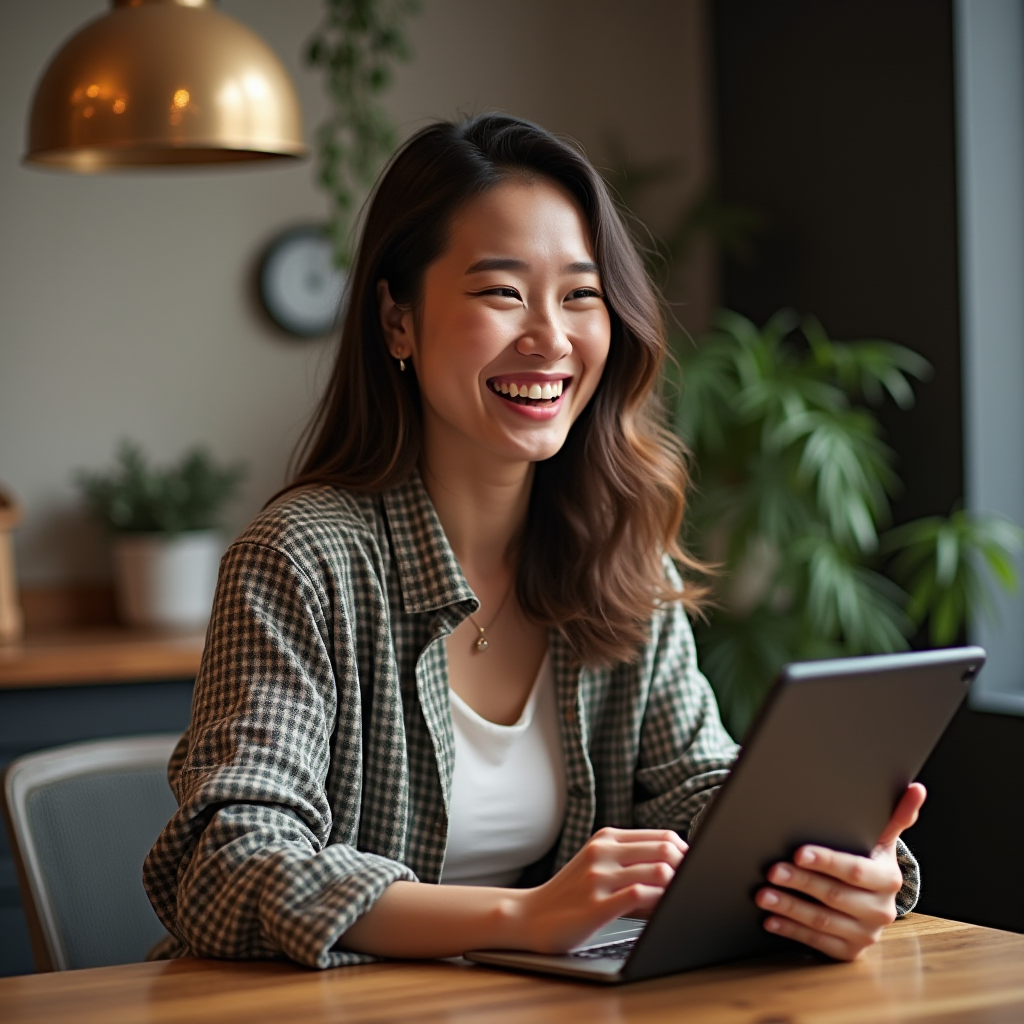 A smiling woman is using a tablet at a wooden table, surrounded by plants.