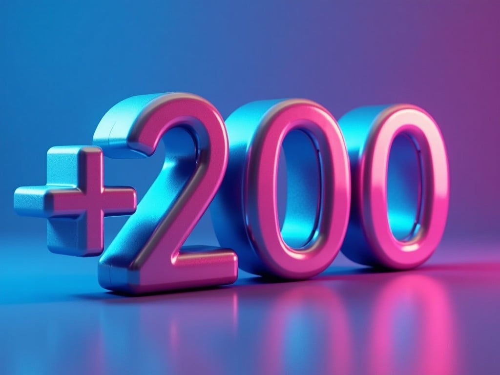 Colorful 3D representation of the number +200 with vibrant lighting and reflection